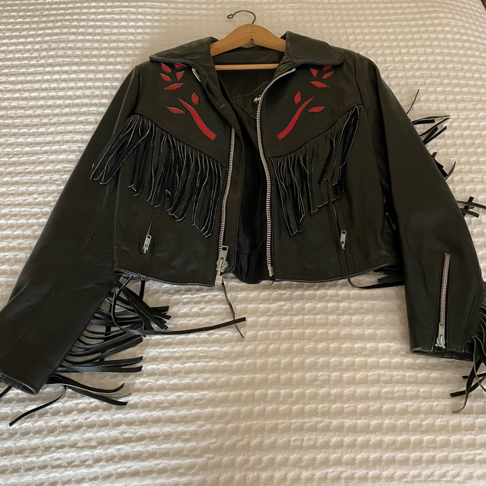 Black and Red Woman Leather Jacket